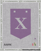 A taped needlepoint canvas with the design: Banner 18 mesh count Pointed X White on Purple.