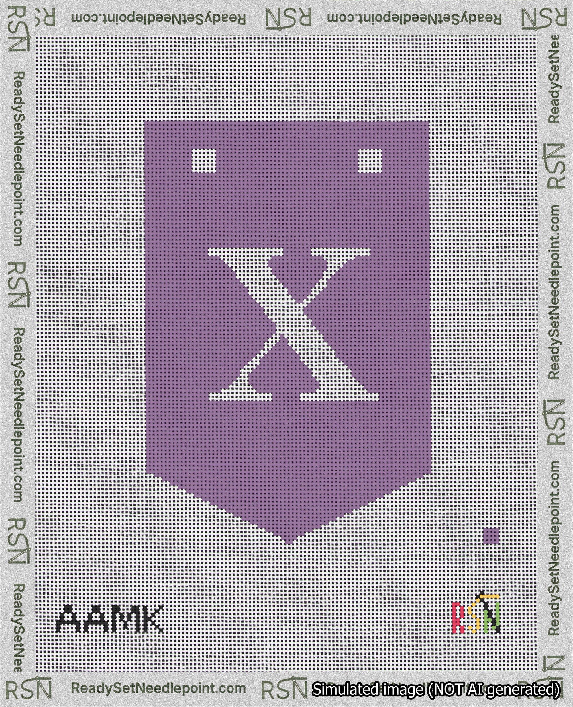 A taped needlepoint canvas with the design: Banner 18 mesh count Pointed X White on Purple.