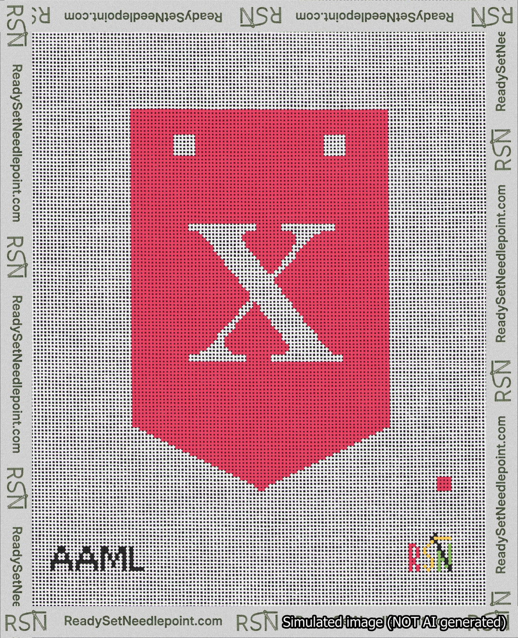 A taped needlepoint canvas with the design: Banner 18 mesh count Pointed X White on Red.