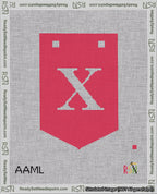 A taped needlepoint canvas with the design: Banner 18 mesh count Pointed X White on Red.