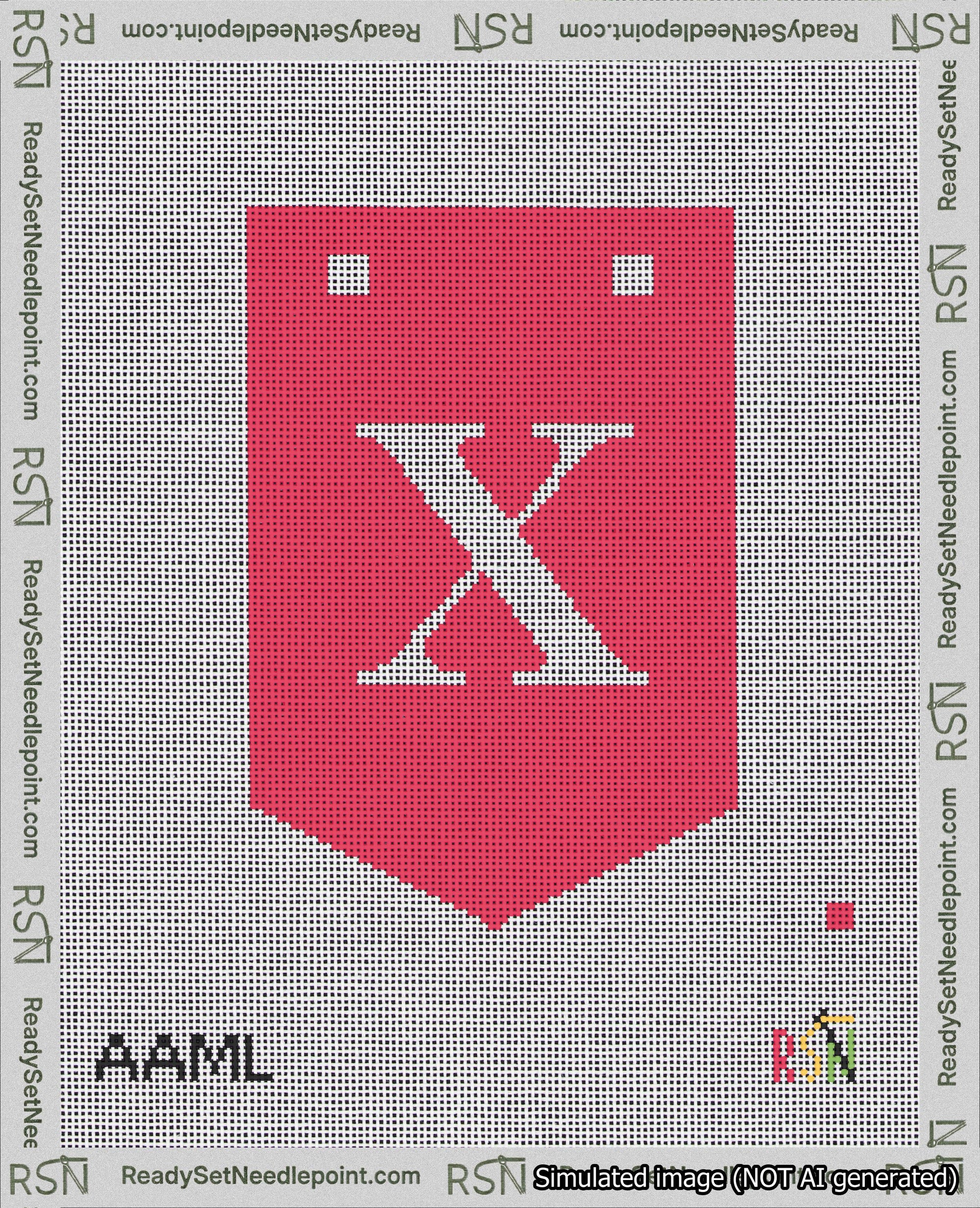 A taped needlepoint canvas with the design: Banner 18 mesh count Pointed X White on Red.