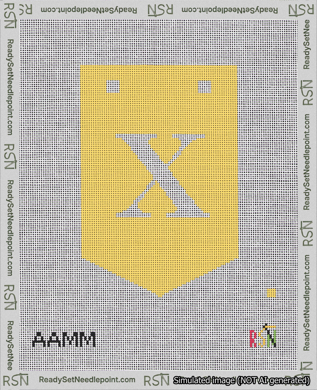A taped needlepoint canvas with the design: Banner 18 mesh count Pointed X White on Yellow.