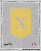 A taped needlepoint canvas with the design: Banner 18 mesh count Pointed X White on Yellow.
