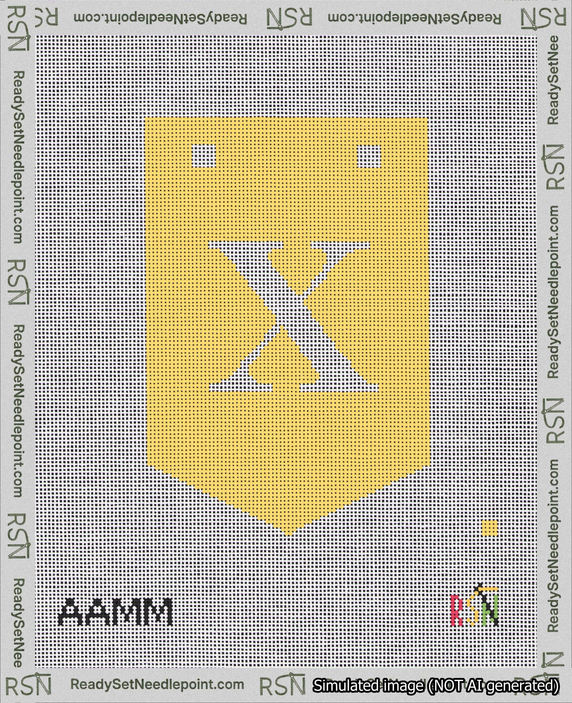 A taped needlepoint canvas with the design: Banner 18 mesh count Pointed X White on Yellow.