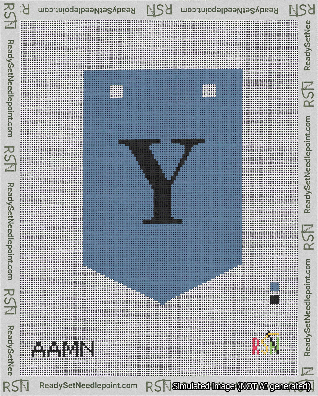 A taped needlepoint canvas with the design: Banner 18 mesh count Pointed Y Black on Blue.
