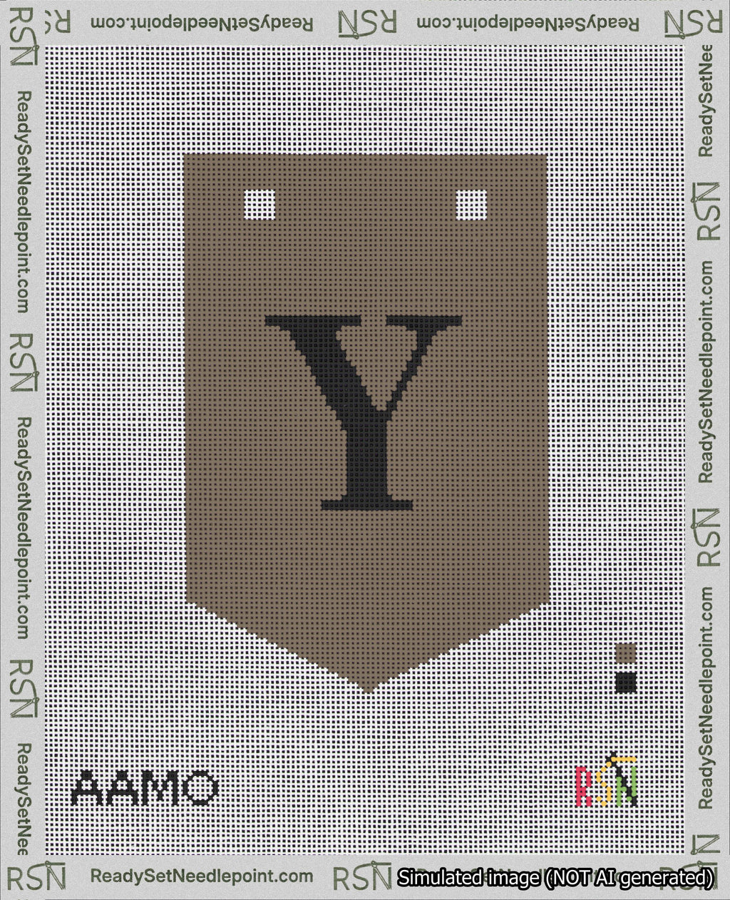 A taped needlepoint canvas with the design: Banner 18 mesh count Pointed Y Black on Brown.