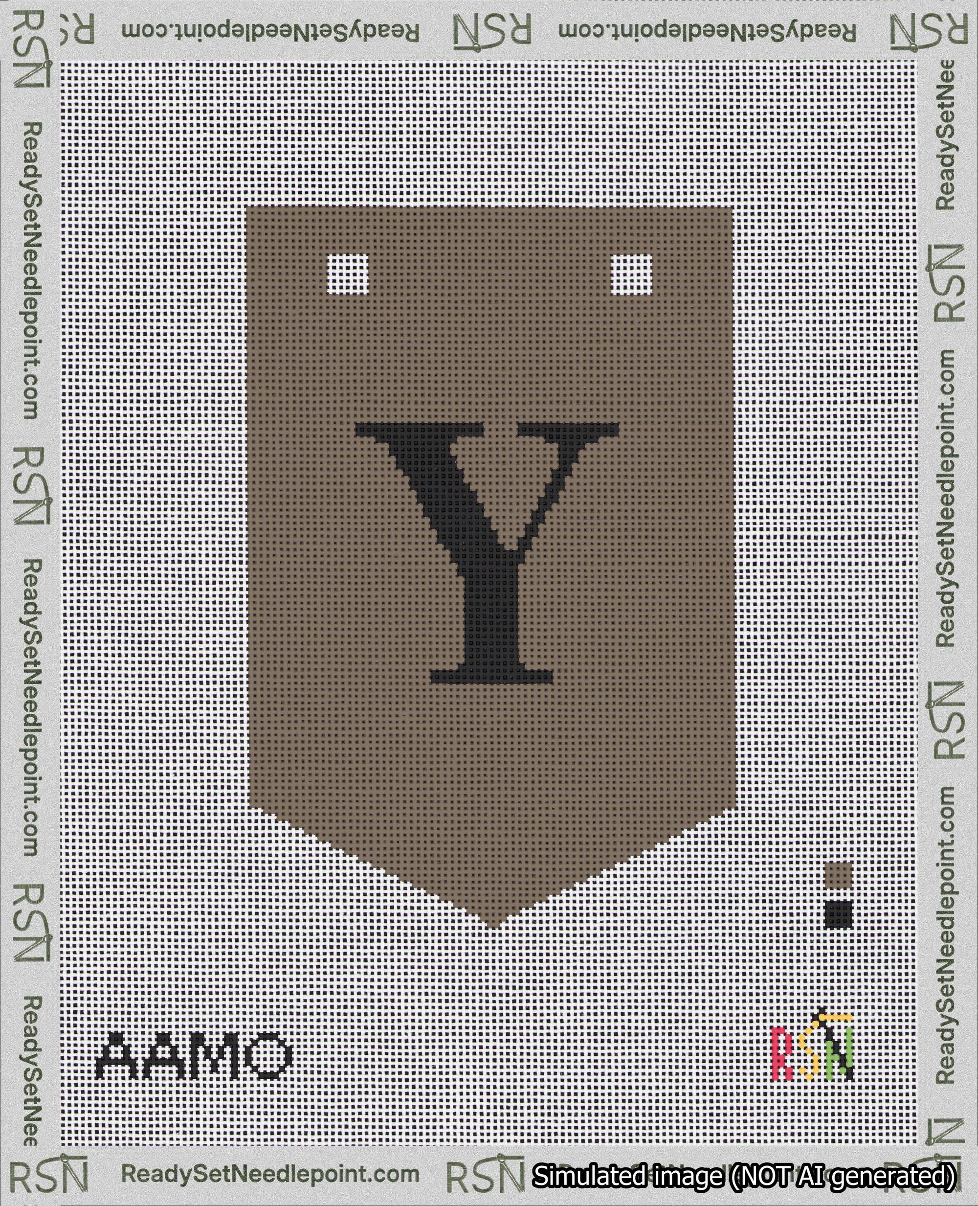 A taped needlepoint canvas with the design: Banner 18 mesh count Pointed Y Black on Brown.