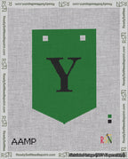 A taped needlepoint canvas with the design: Banner 18 mesh count Pointed Y Black on Green.