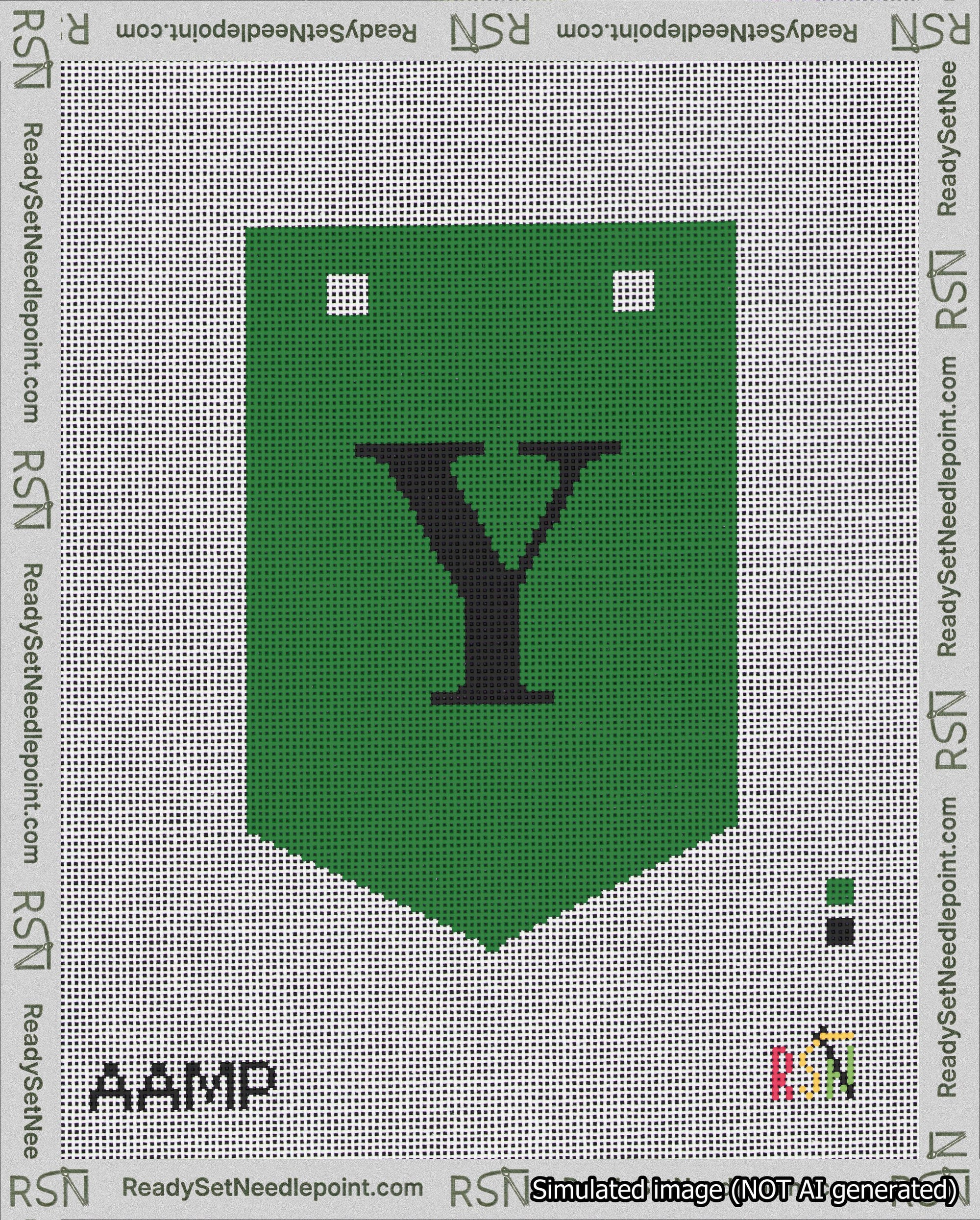 A taped needlepoint canvas with the design: Banner 18 mesh count Pointed Y Black on Green.