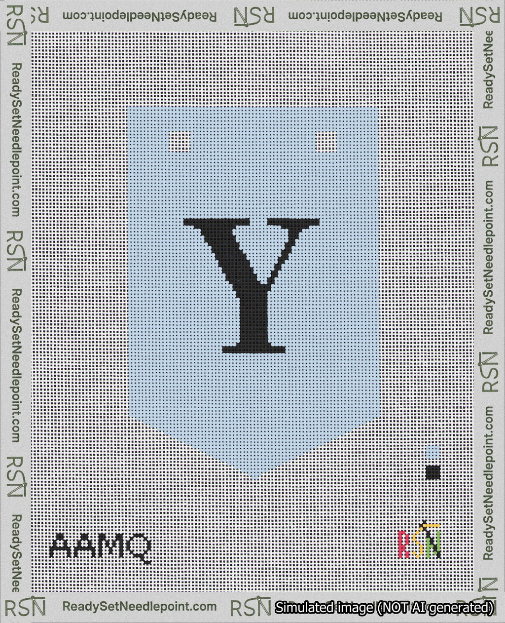 A taped needlepoint canvas with the design: Banner 18 mesh count Pointed Y Black on Light Blue.