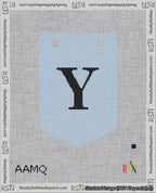 A taped needlepoint canvas with the design: Banner 18 mesh count Pointed Y Black on Light Blue.