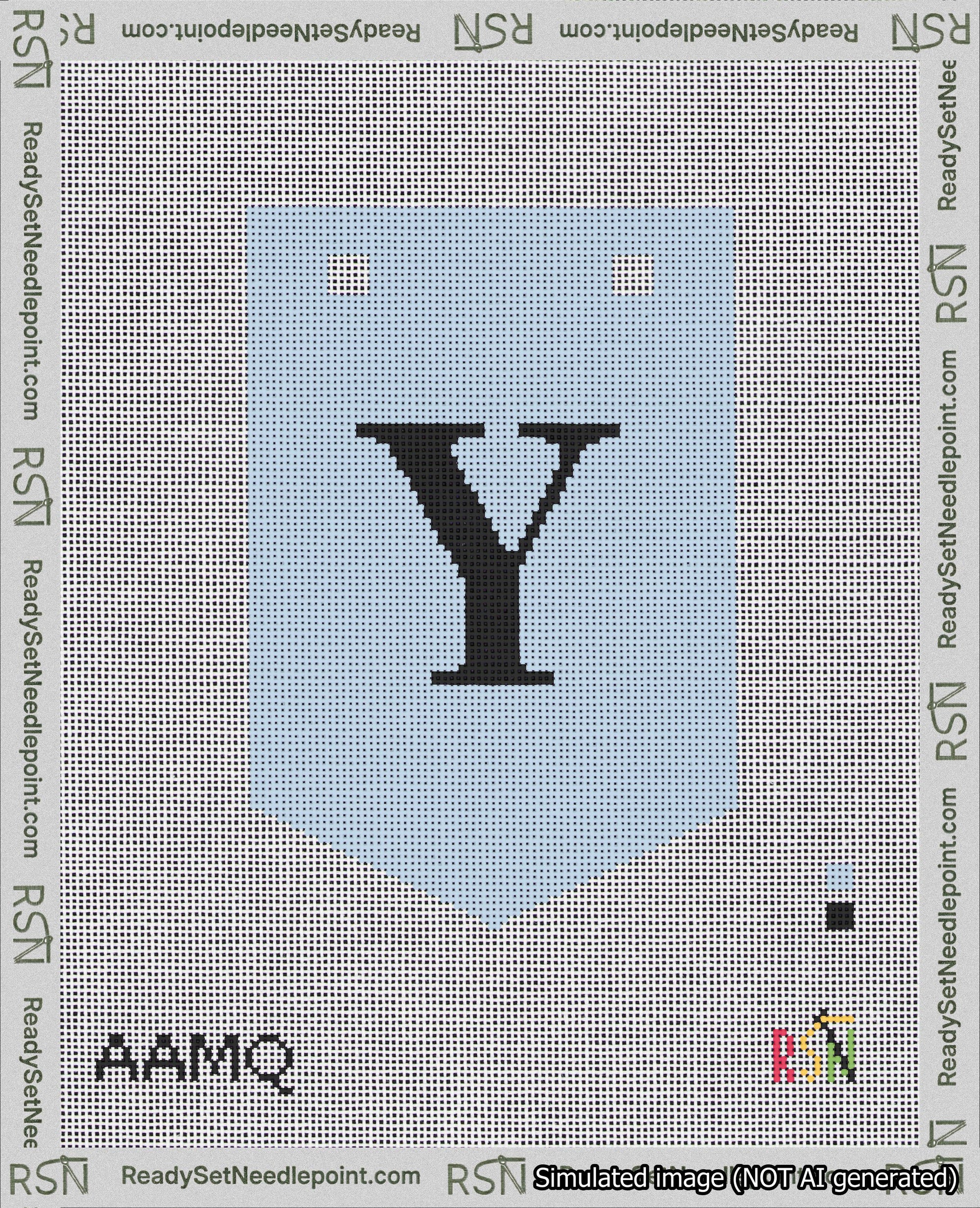 A taped needlepoint canvas with the design: Banner 18 mesh count Pointed Y Black on Light Blue.