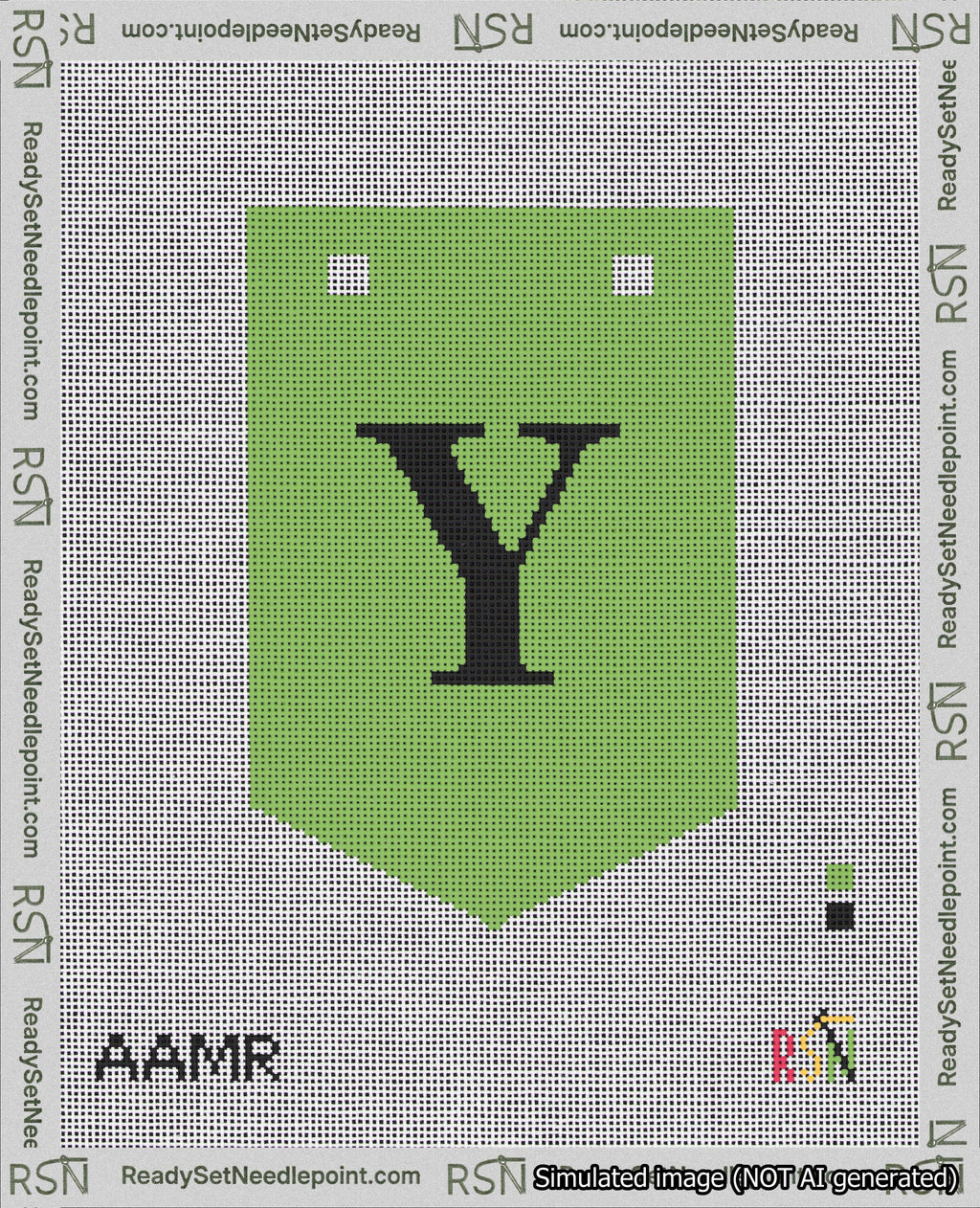 A taped needlepoint canvas with the design: Banner 18 mesh count Pointed Y Black on Light Green.