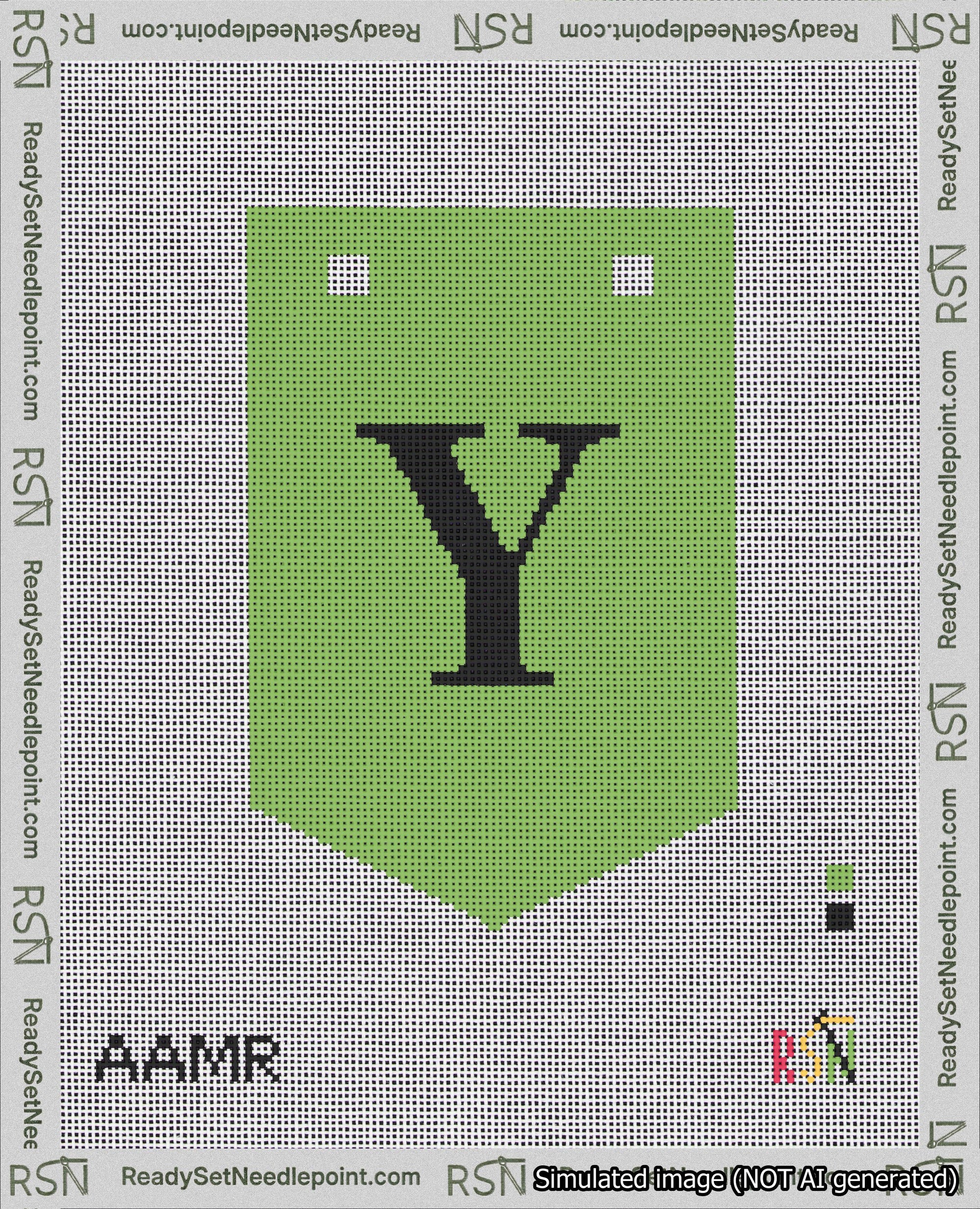 A taped needlepoint canvas with the design: Banner 18 mesh count Pointed Y Black on Light Green.