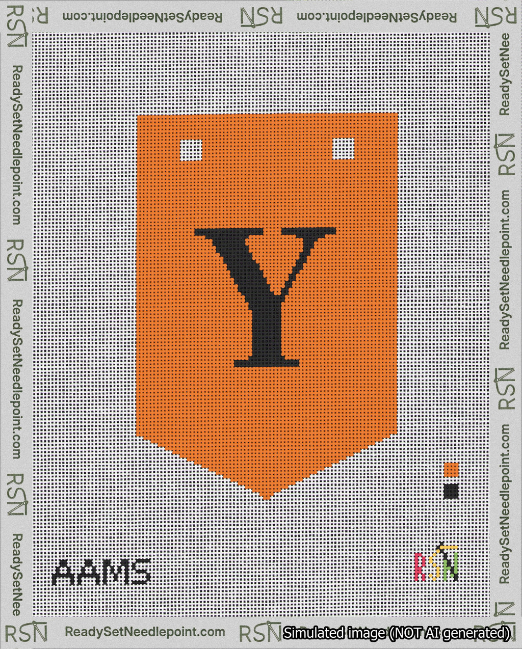 A taped needlepoint canvas with the design: Banner 18 mesh count Pointed Y Black on Orange.