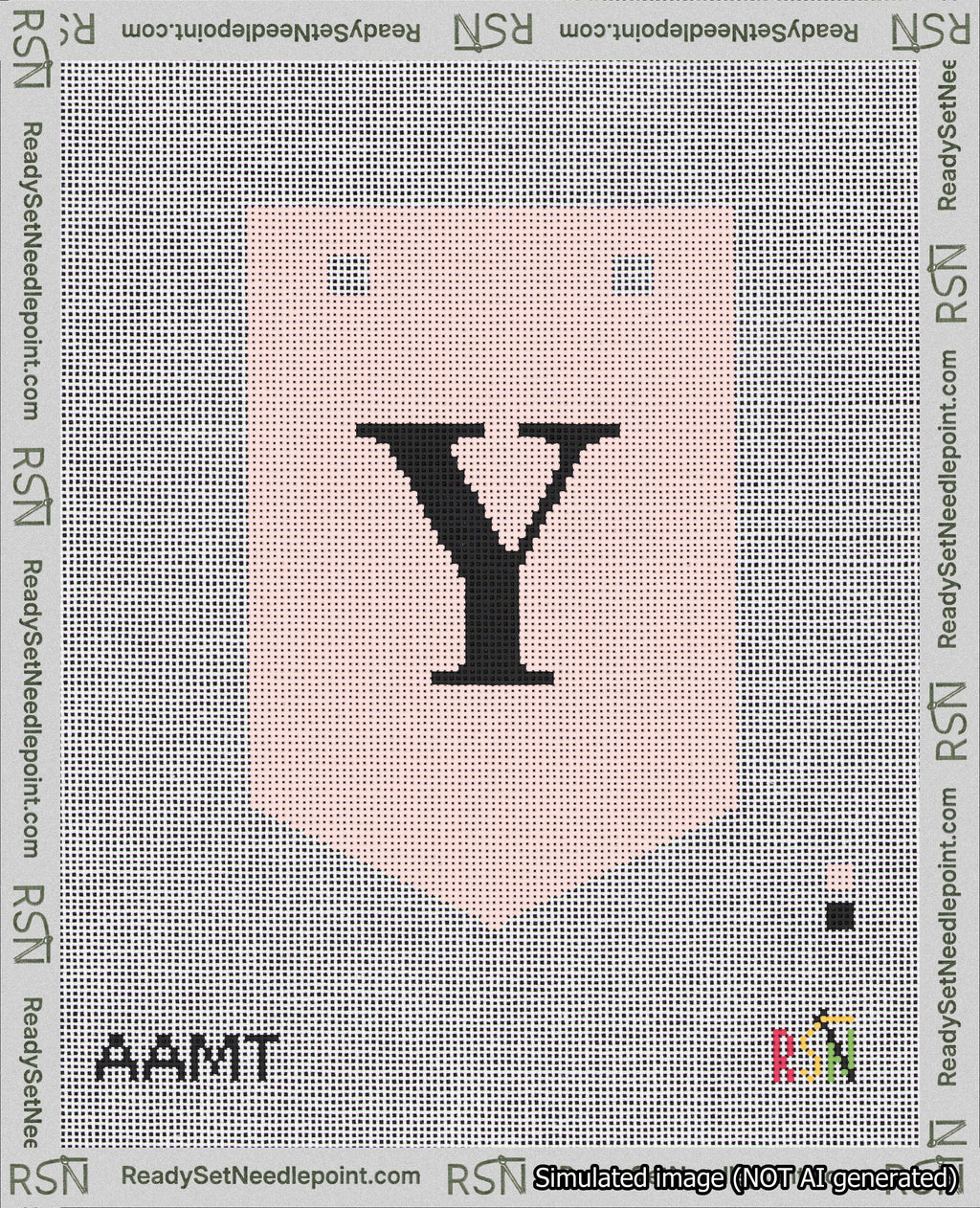 A taped needlepoint canvas with the design: Banner 18 mesh count Pointed Y Black on Pink.