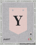 A taped needlepoint canvas with the design: Banner 18 mesh count Pointed Y Black on Pink.