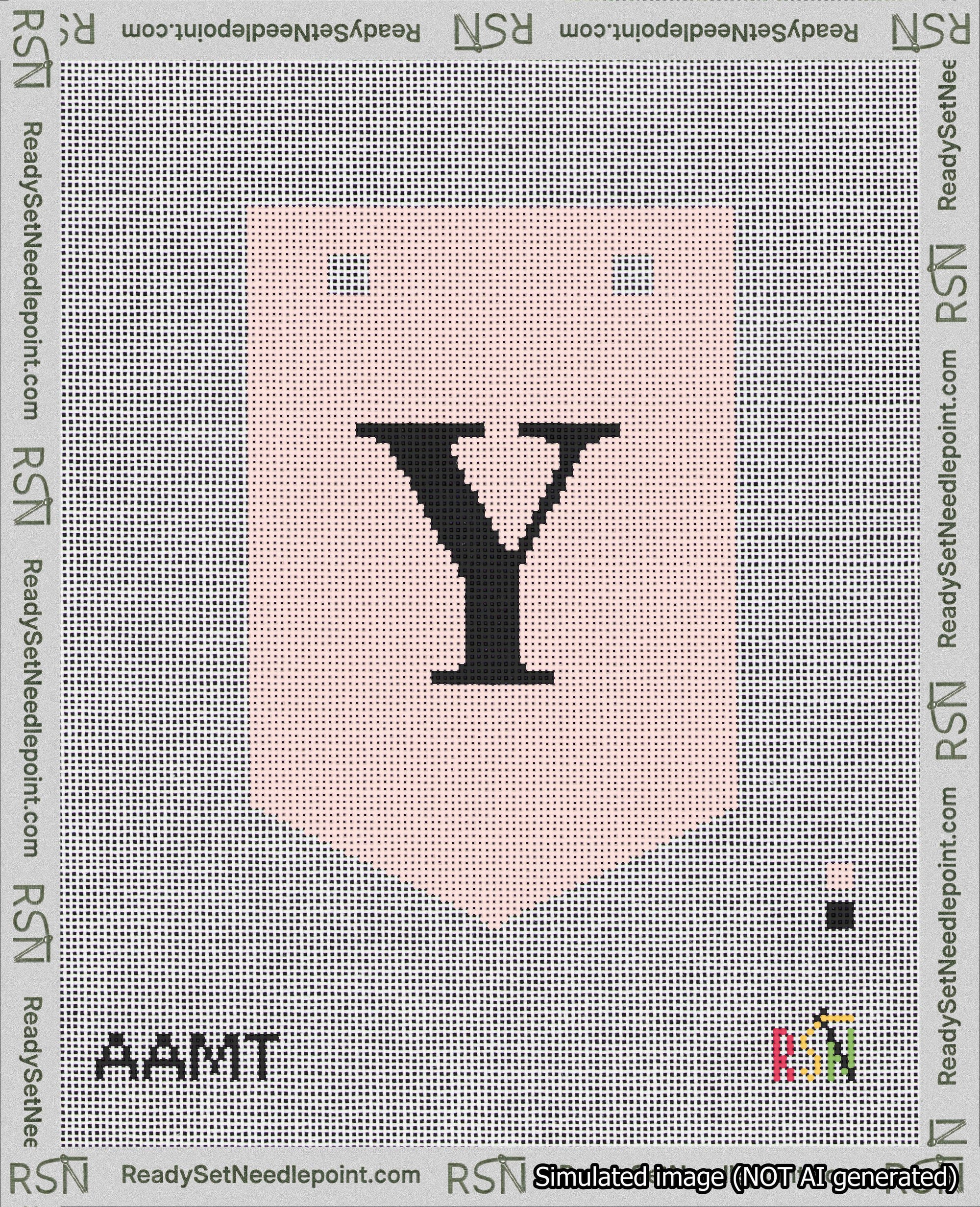 A taped needlepoint canvas with the design: Banner 18 mesh count Pointed Y Black on Pink.