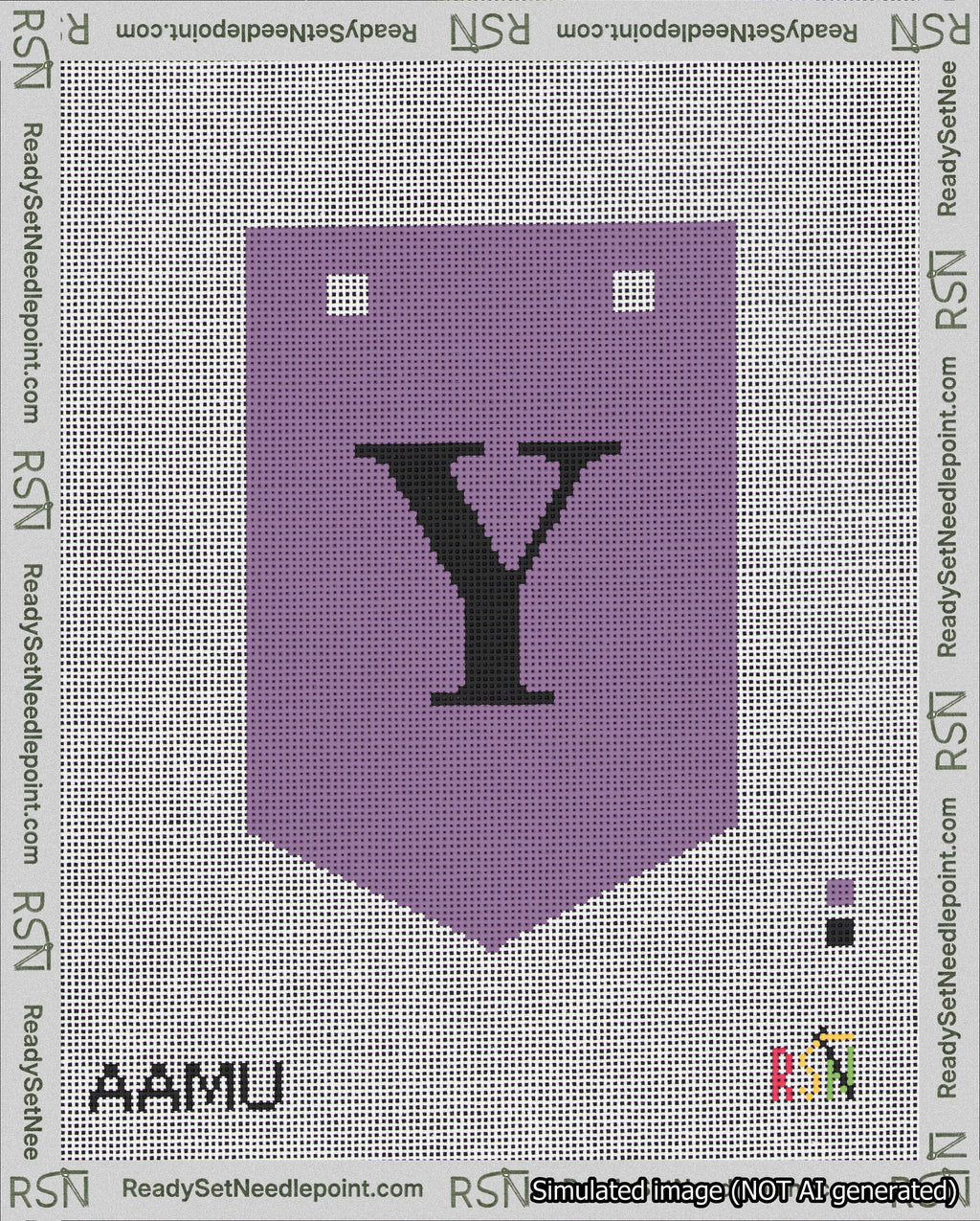 A taped needlepoint canvas with the design: Banner 18 mesh count Pointed Y Black on Purple.