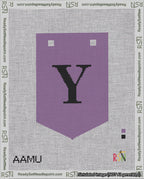 A taped needlepoint canvas with the design: Banner 18 mesh count Pointed Y Black on Purple.
