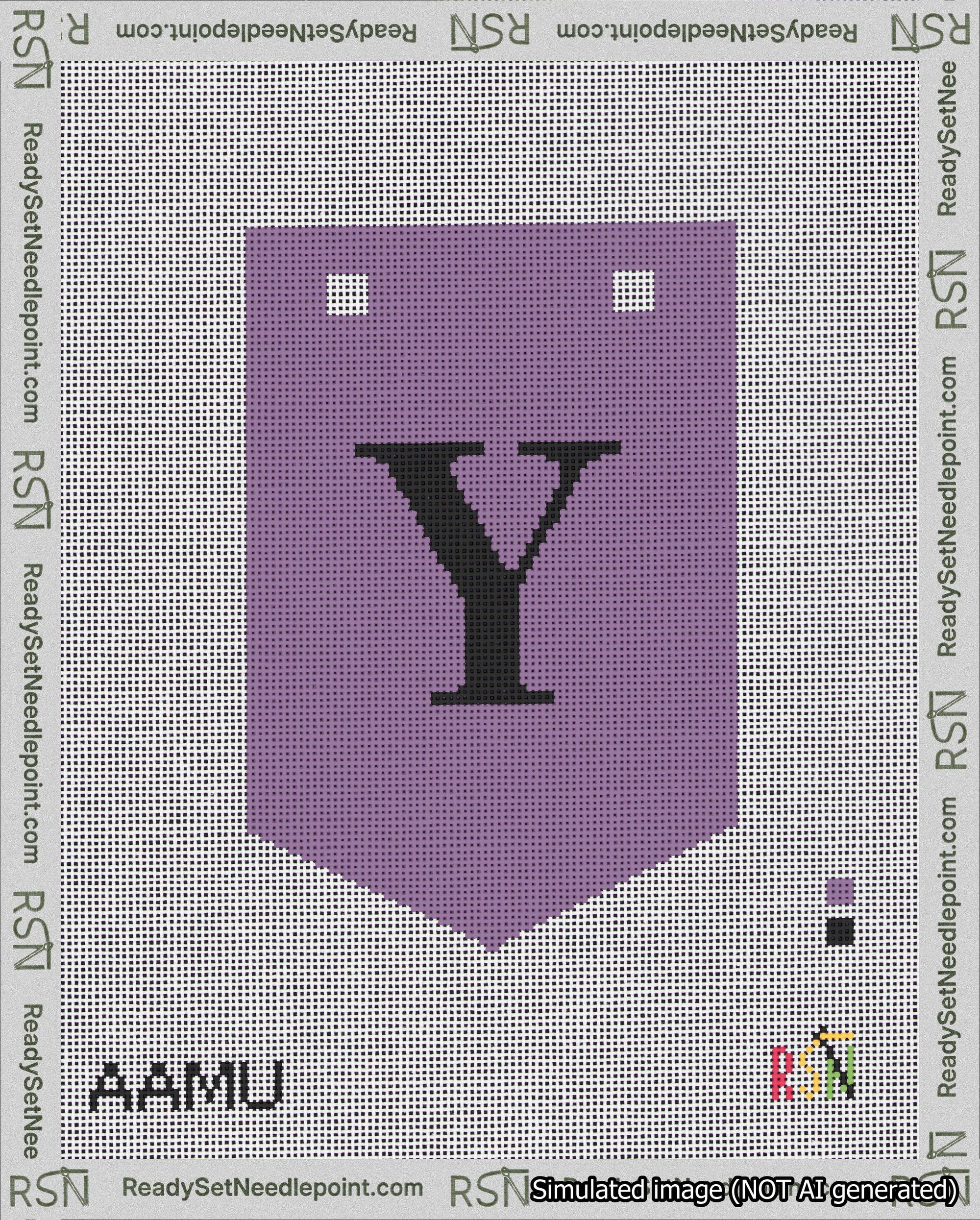 A taped needlepoint canvas with the design: Banner 18 mesh count Pointed Y Black on Purple.