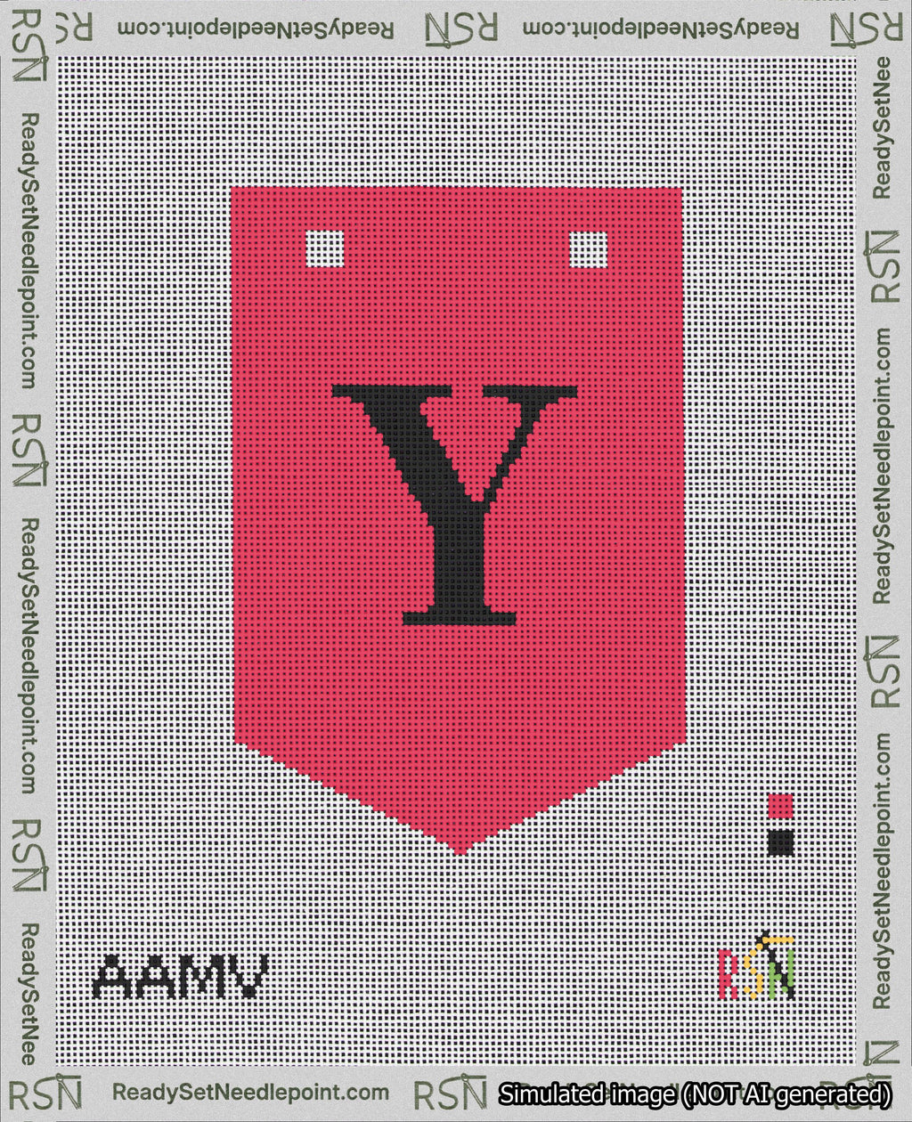 A taped needlepoint canvas with the design: Banner 18 mesh count Pointed Y Black on Red.