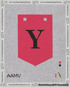 A taped needlepoint canvas with the design: Banner 18 mesh count Pointed Y Black on Red.