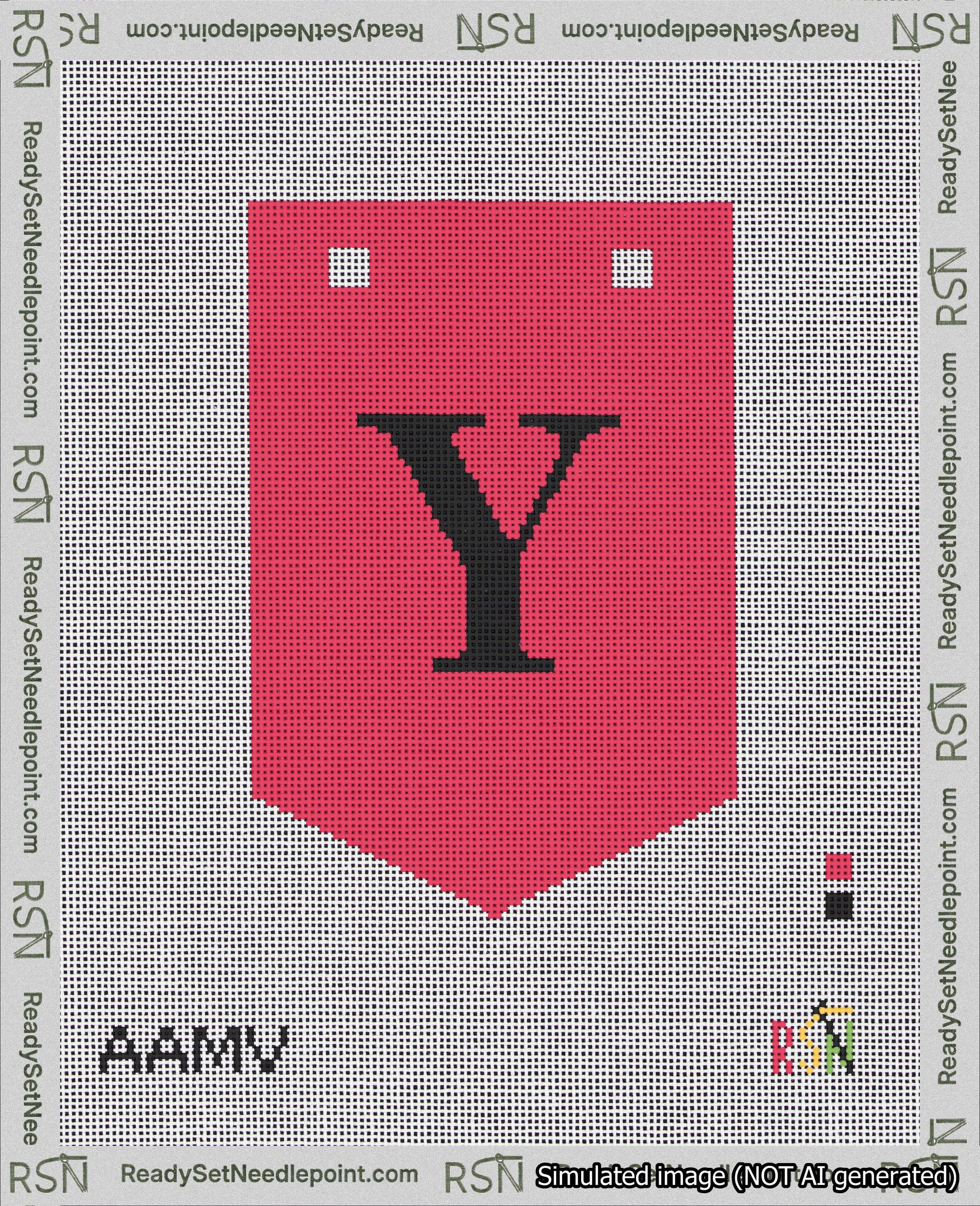 A taped needlepoint canvas with the design: Banner 18 mesh count Pointed Y Black on Red.