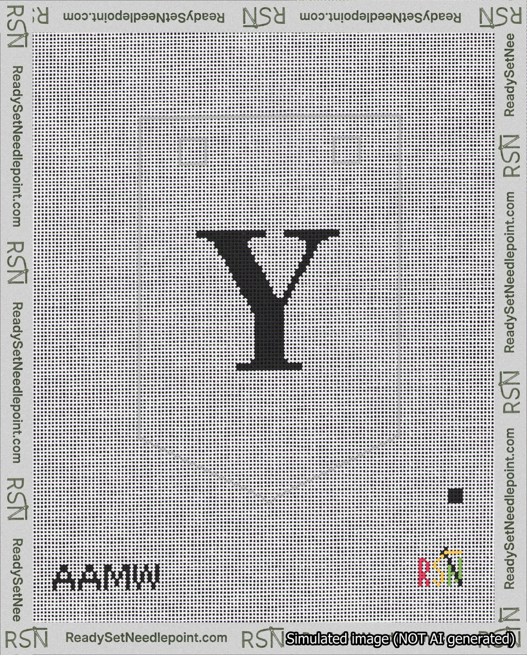 A taped needlepoint canvas with the design: Banner 18 mesh count Pointed Y Black on White.