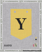 A taped needlepoint canvas with the design: Banner 18 mesh count Pointed Y Black on Yellow.