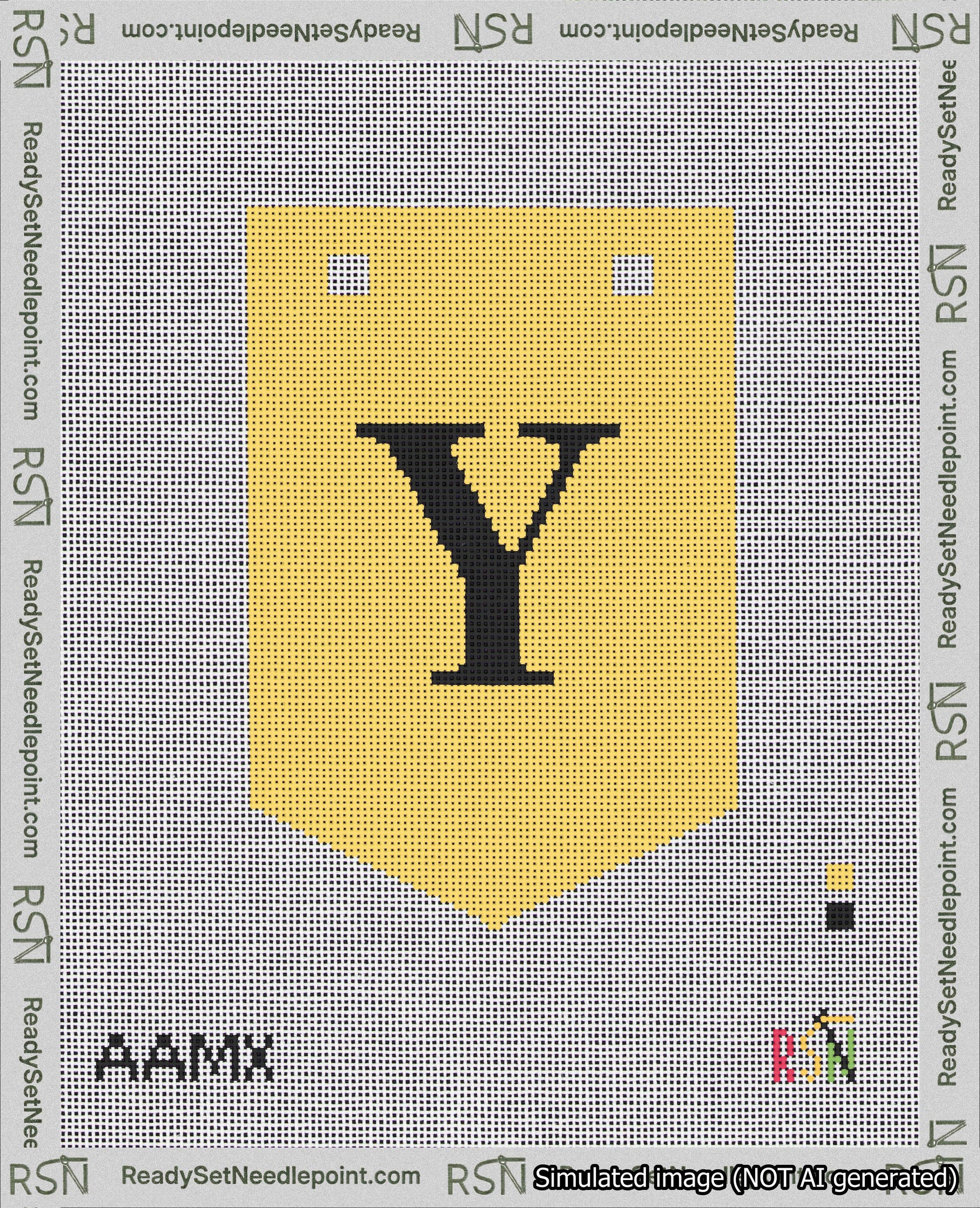 A taped needlepoint canvas with the design: Banner 18 mesh count Pointed Y Black on Yellow.