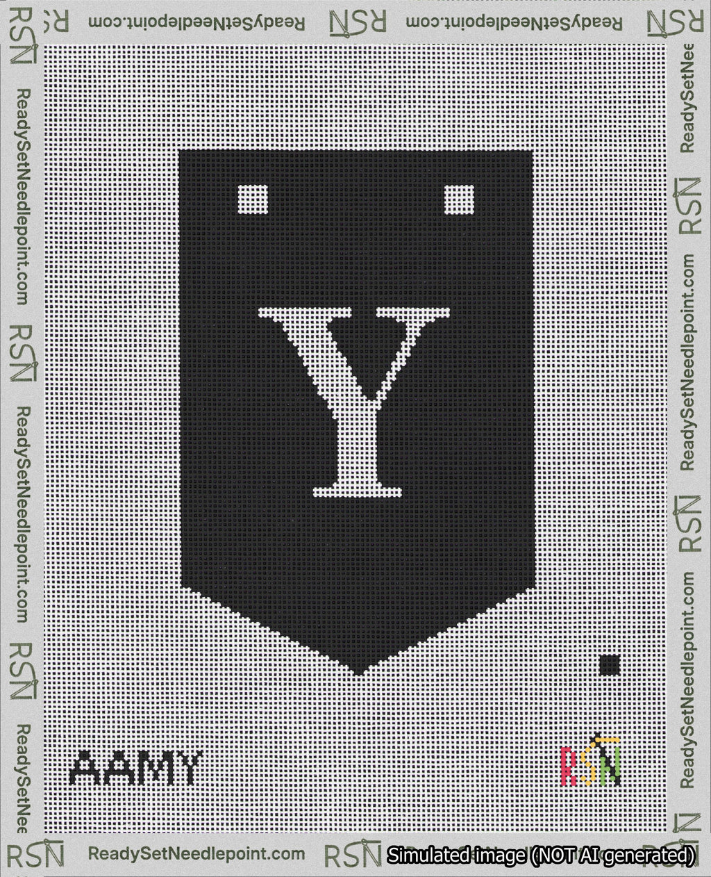 A taped needlepoint canvas with the design: Banner 18 mesh count Pointed Y White on Black.