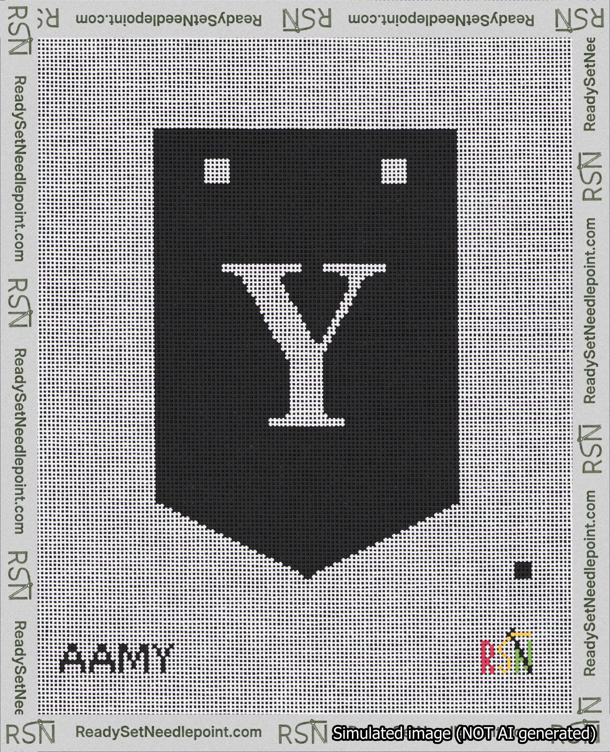 A taped needlepoint canvas with the design: Banner 18 mesh count Pointed Y White on Black.