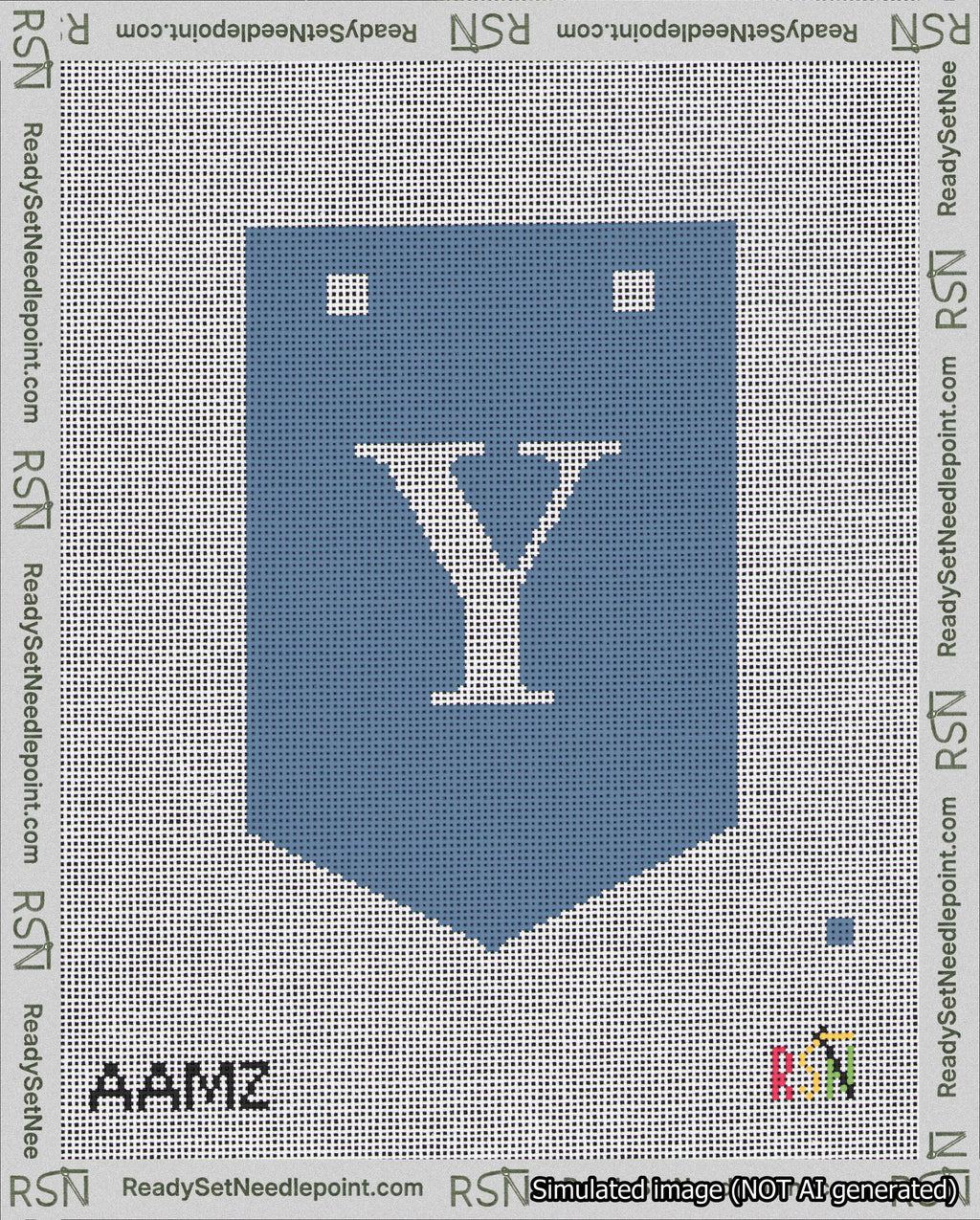 A taped needlepoint canvas with the design: Banner 18 mesh count Pointed Y White on Blue.