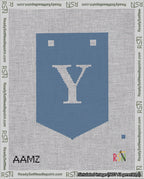 A taped needlepoint canvas with the design: Banner 18 mesh count Pointed Y White on Blue.