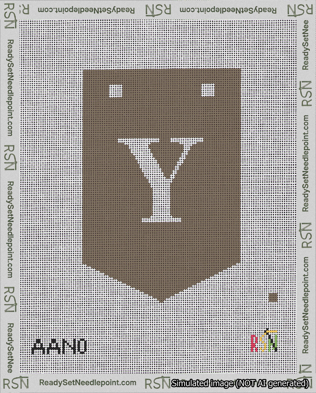 A taped needlepoint canvas with the design: Banner 18 mesh count Pointed Y White on Brown.