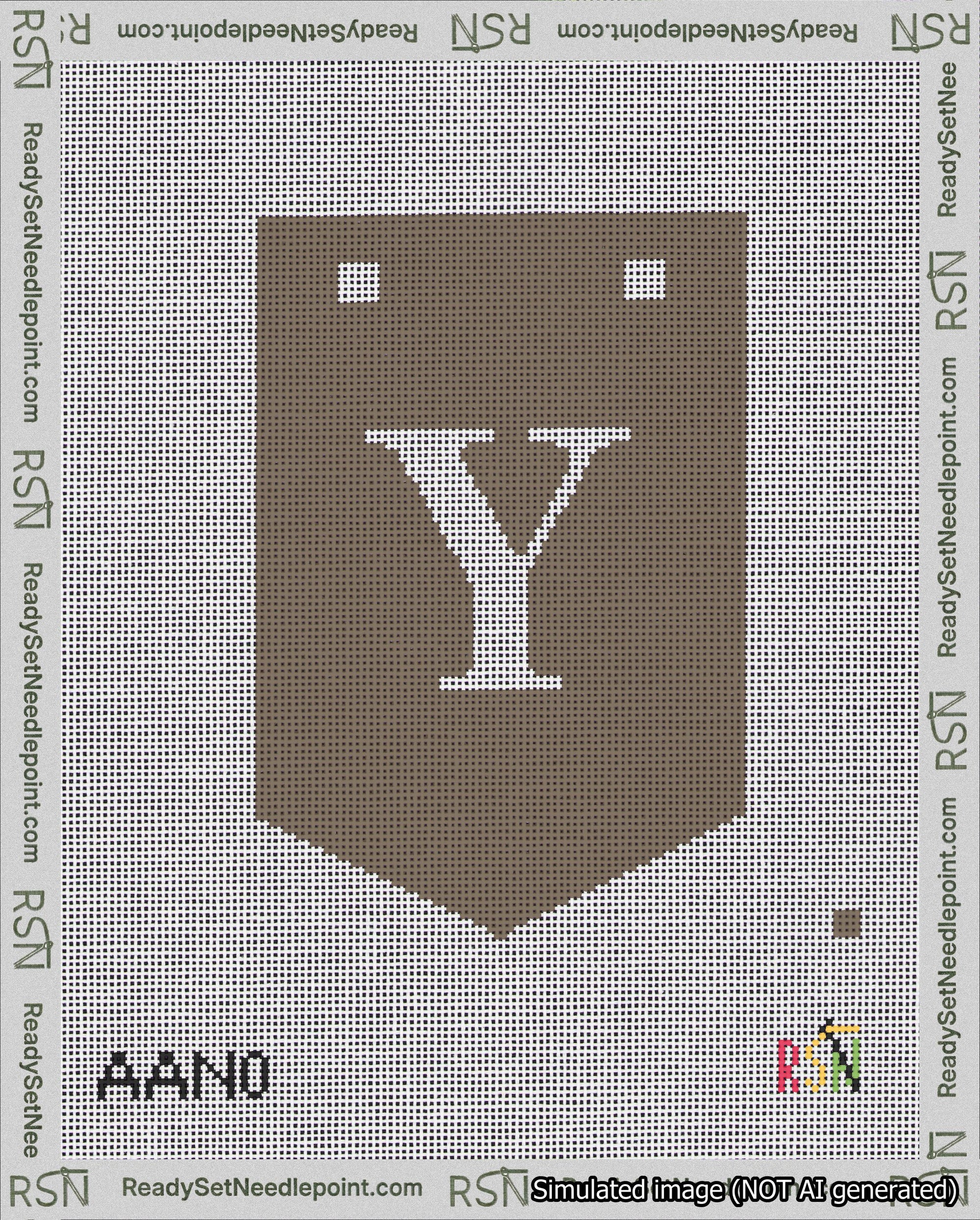 A taped needlepoint canvas with the design: Banner 18 mesh count Pointed Y White on Brown.
