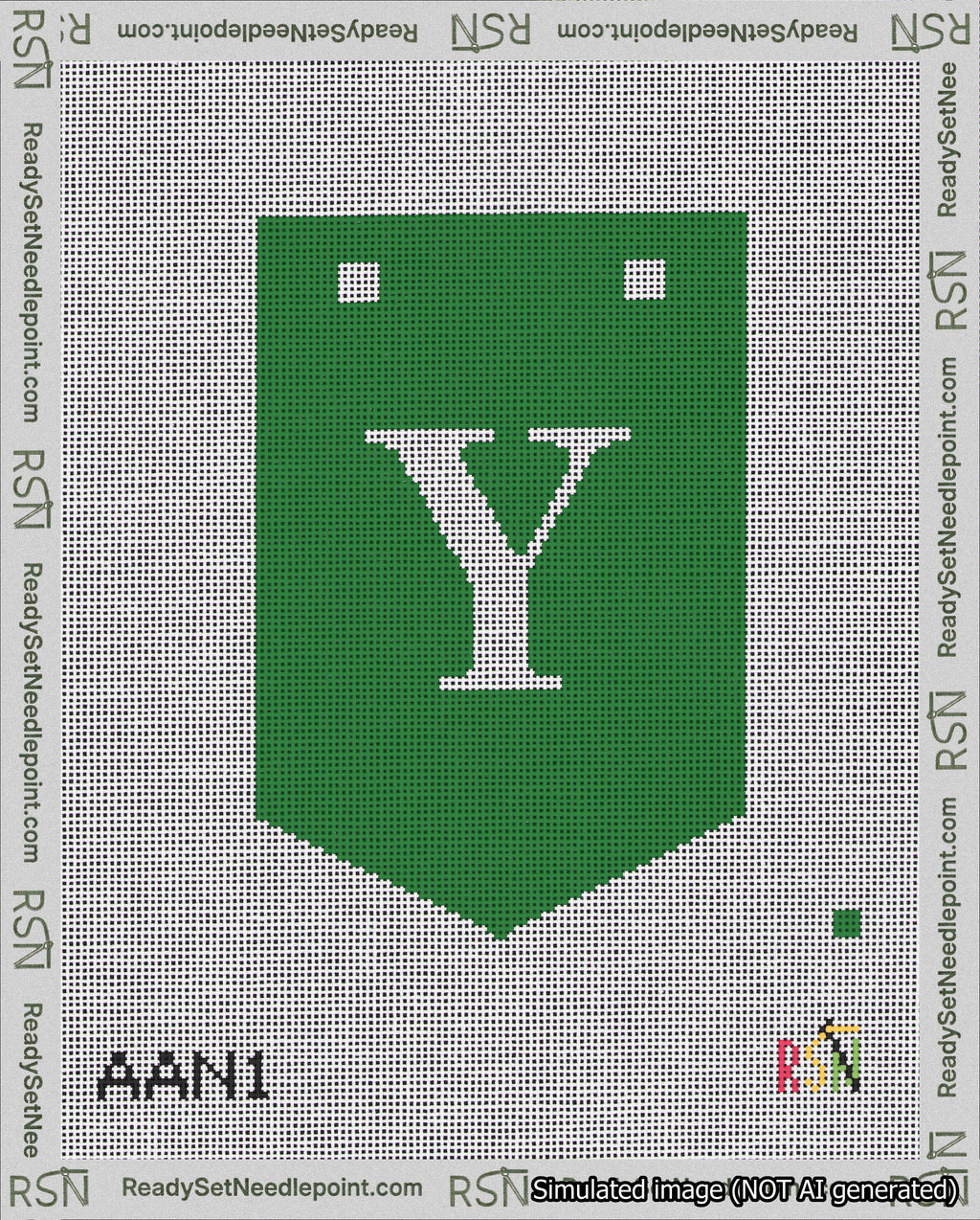 A taped needlepoint canvas with the design: Banner 18 mesh count Pointed Y White on Green.