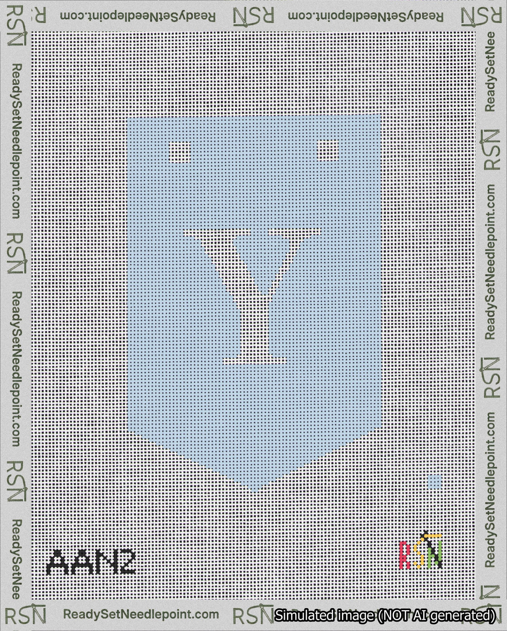 A taped needlepoint canvas with the design: Banner 18 mesh count Pointed Y White on Light Blue.