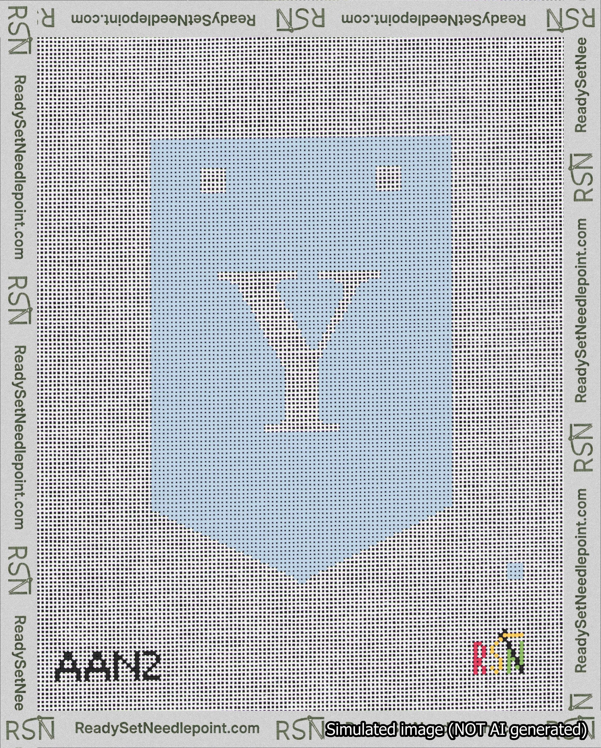 A taped needlepoint canvas with the design: Banner 18 mesh count Pointed Y White on Light Blue.