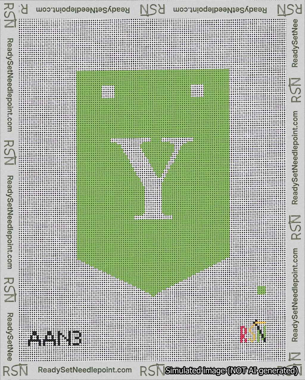 A taped needlepoint canvas with the design: Banner 18 mesh count Pointed Y White on Light Green.