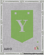 A taped needlepoint canvas with the design: Banner 18 mesh count Pointed Y White on Light Green.