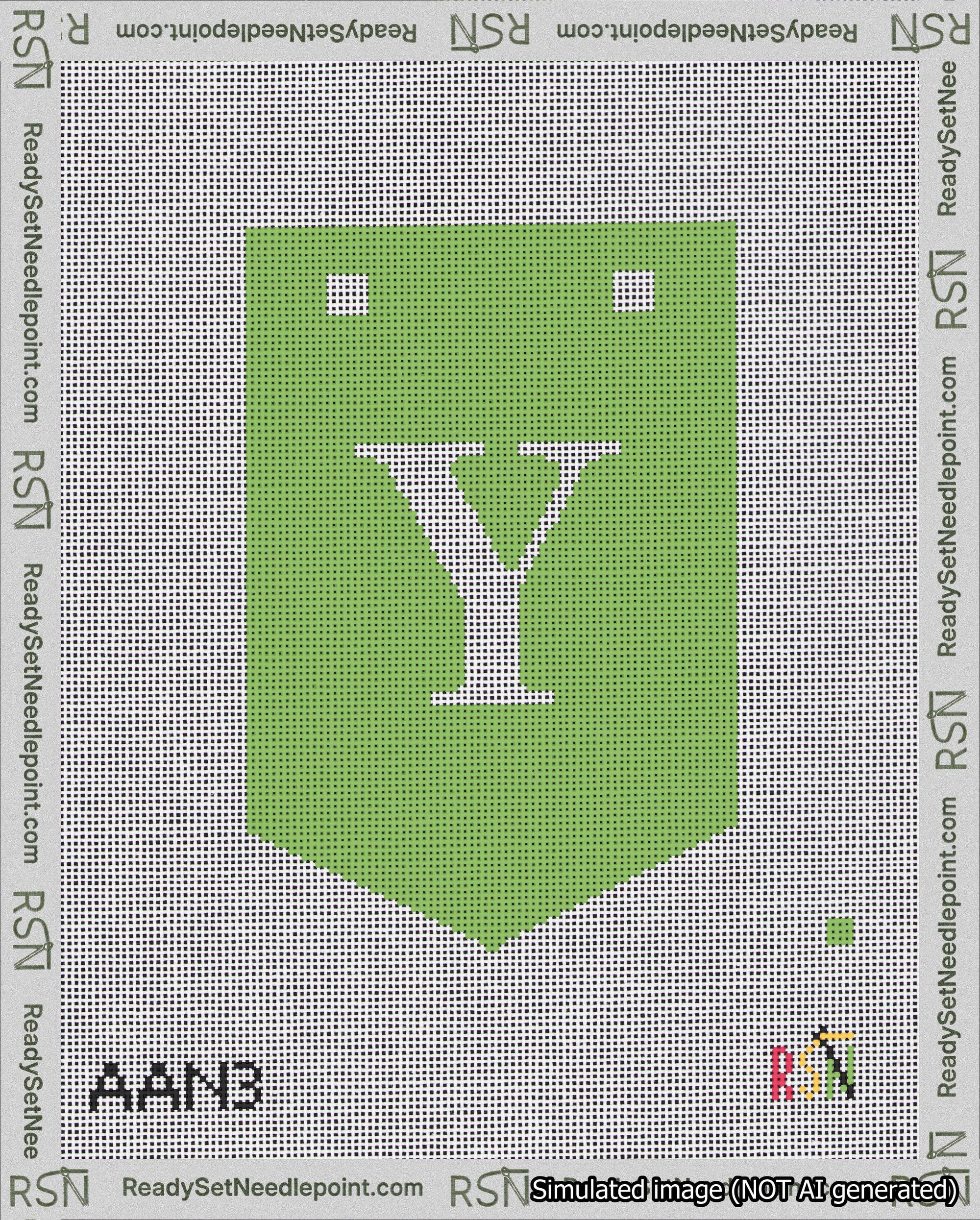 A taped needlepoint canvas with the design: Banner 18 mesh count Pointed Y White on Light Green.