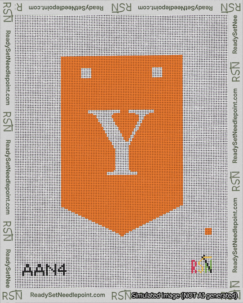 A taped needlepoint canvas with the design: Banner 18 mesh count Pointed Y White on Orange.