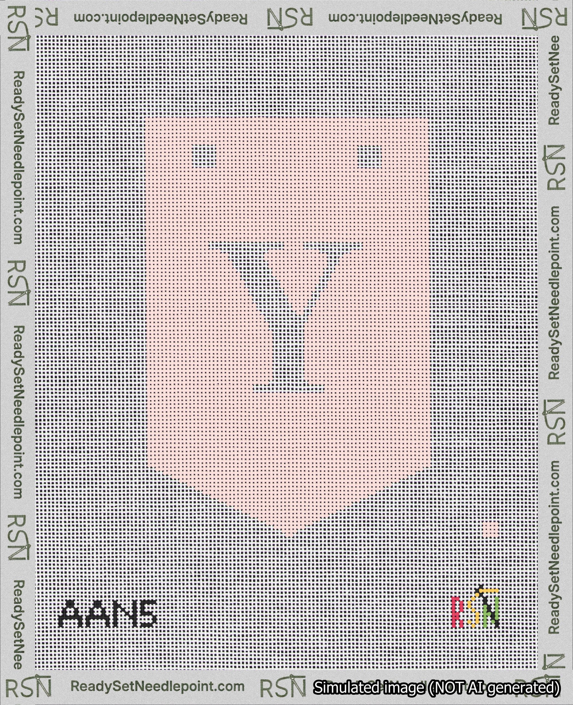 A taped needlepoint canvas with the design: Banner 18 mesh count Pointed Y White on Pink.