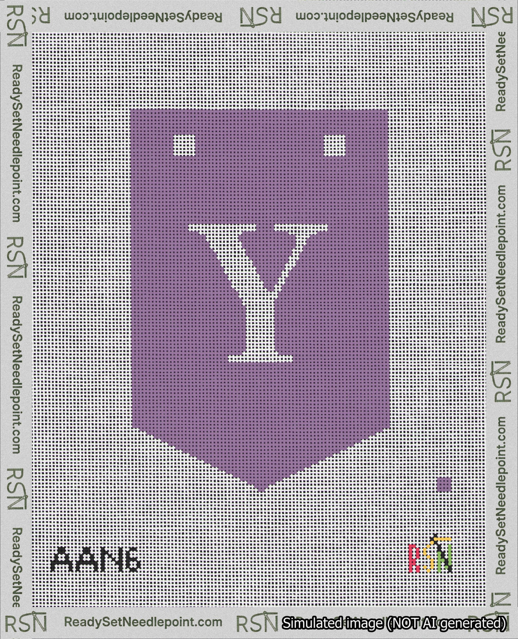A taped needlepoint canvas with the design: Banner 18 mesh count Pointed Y White on Purple.