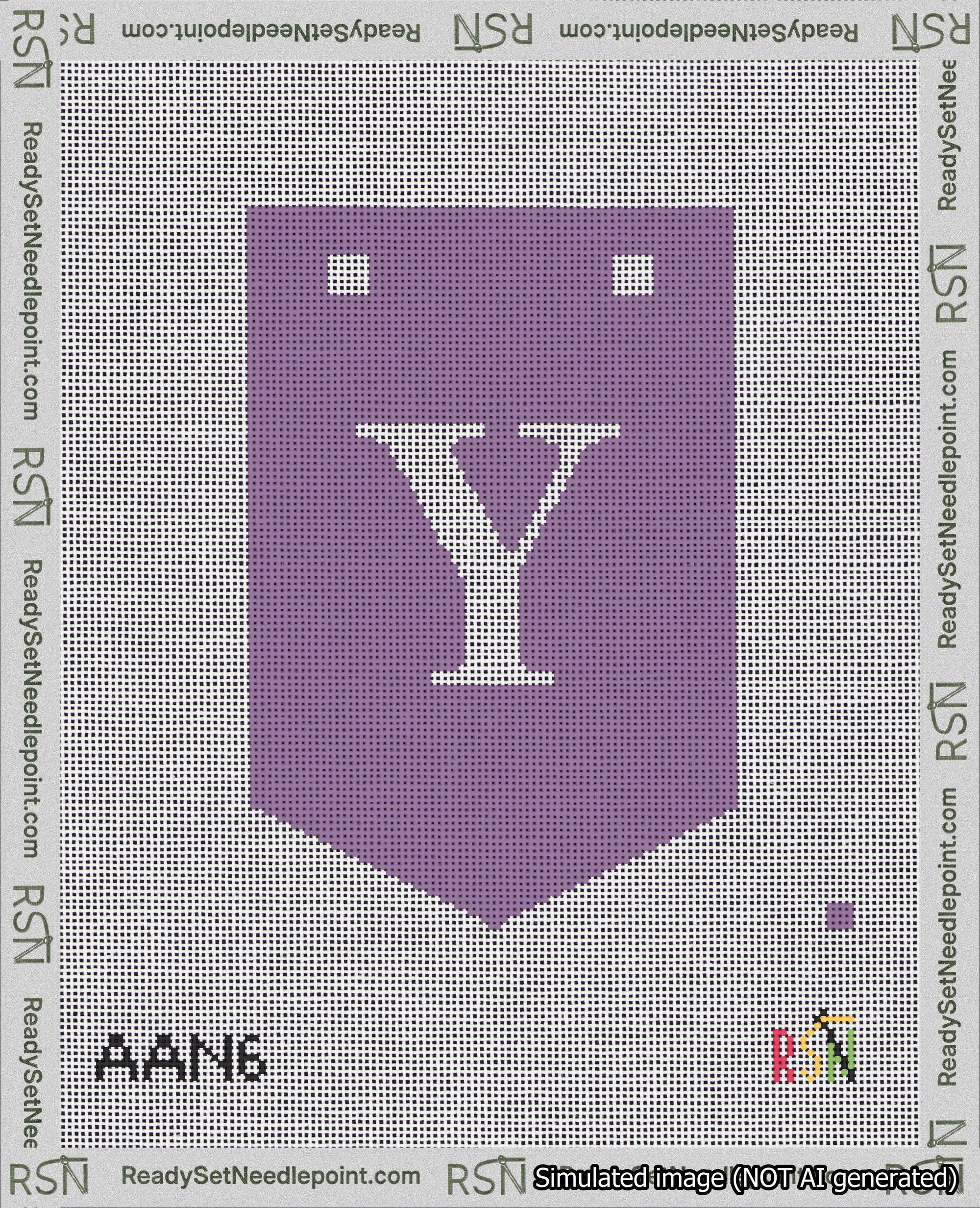 A taped needlepoint canvas with the design: Banner 18 mesh count Pointed Y White on Purple.