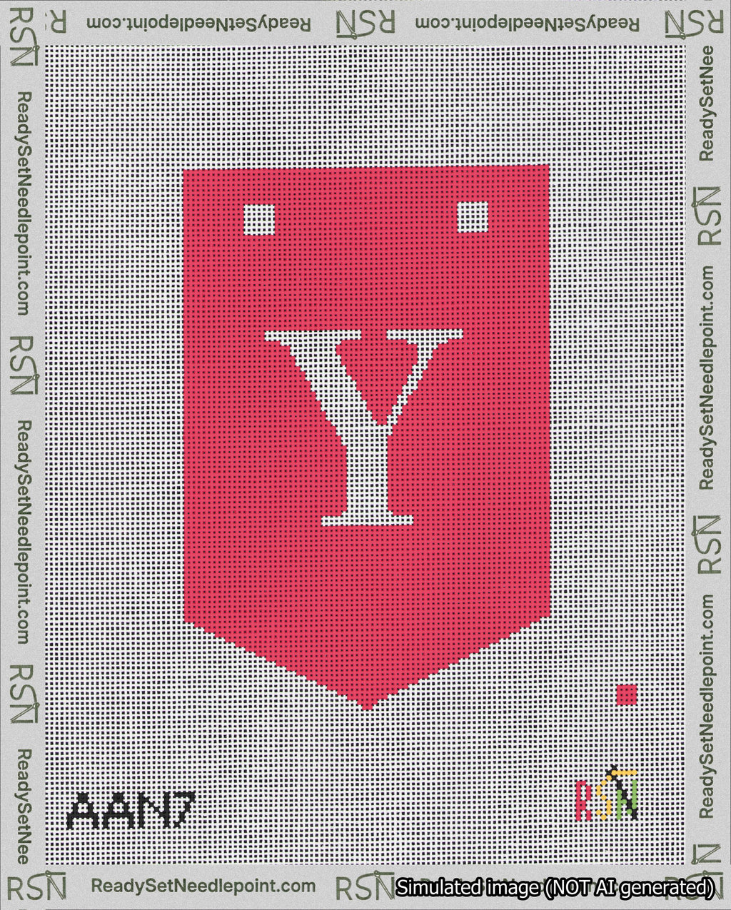 A taped needlepoint canvas with the design: Banner 18 mesh count Pointed Y White on Red.