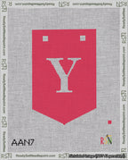 A taped needlepoint canvas with the design: Banner 18 mesh count Pointed Y White on Red.