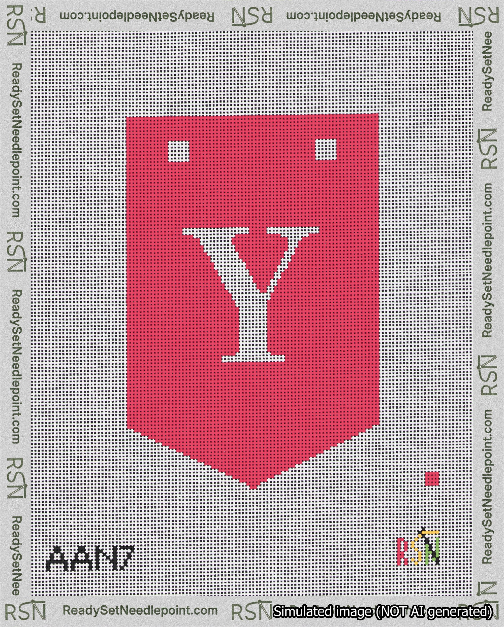 A taped needlepoint canvas with the design: Banner 18 mesh count Pointed Y White on Red.